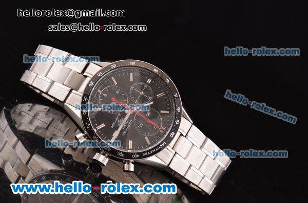 Tag Heuer Carrera Chronograph Swiss Valjoux 7750-DD Automatic Steel Case with Black Dial Black Bezel and Silver Stick Markers - Click Image to Close